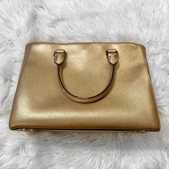 Women Michael Kors Metallic Gold Medium Tote Crossbody Purse - Picture 2 of 7